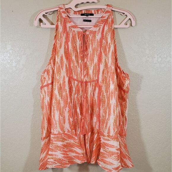 Miss Me Swing Halter Top Feminine Flirty Tassled Feather Print Blouse - Picture 4 of 9